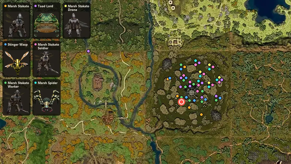 Карта: где стоят Marsh Stakato, Stinger Wasp, Marsh Stakato Worker, Toad Lord, Marsh Stakato Soldier, Marsh Spider, Marsh Stakato Drone