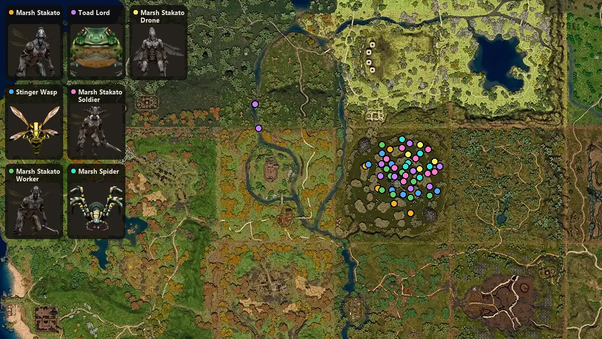 Карта: где стоят Marsh Stakato, Stinger Wasp, Marsh Stakato Worker, Toad Lord, Marsh Stakato Soldier, Marsh Spider, Marsh Stakato Drone