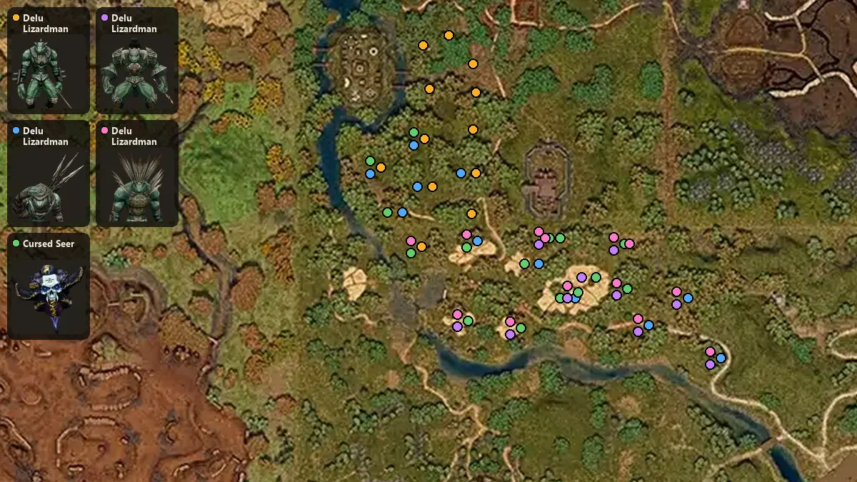 Карта: где стоят Delu Lizardman Supplier, Delu Lizardman Special Agent, Cursed Seer, Delu Lizardman Commander, Delu Lizardman Shaman