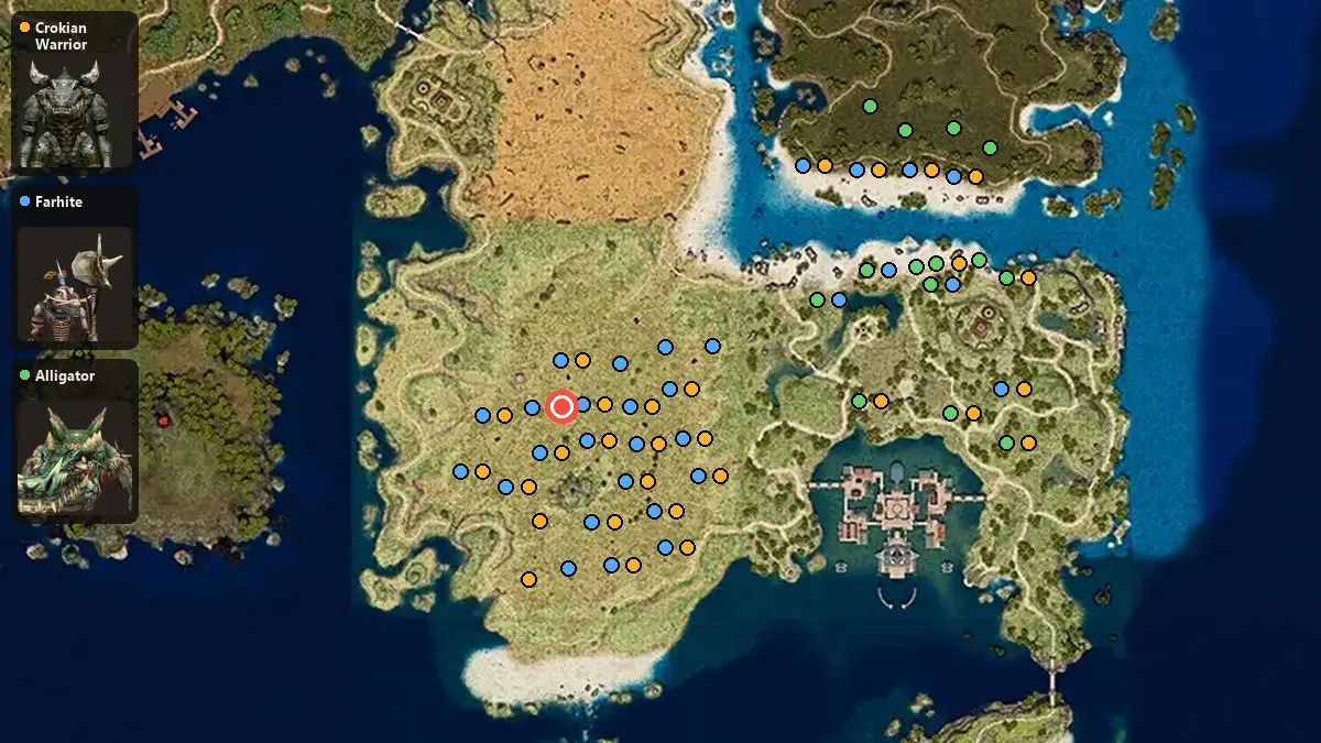 Map: where Crokian Warrior, Farhite, Alligator spawn