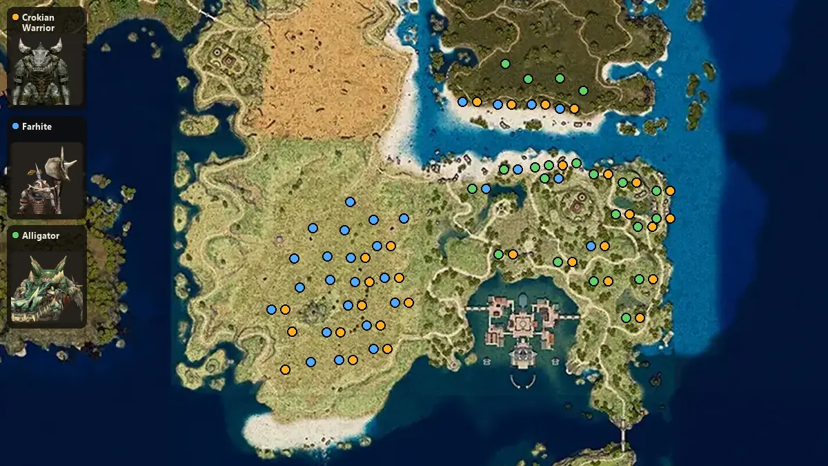 Map: where Crokian Warrior, Farhite, Alligator spawn