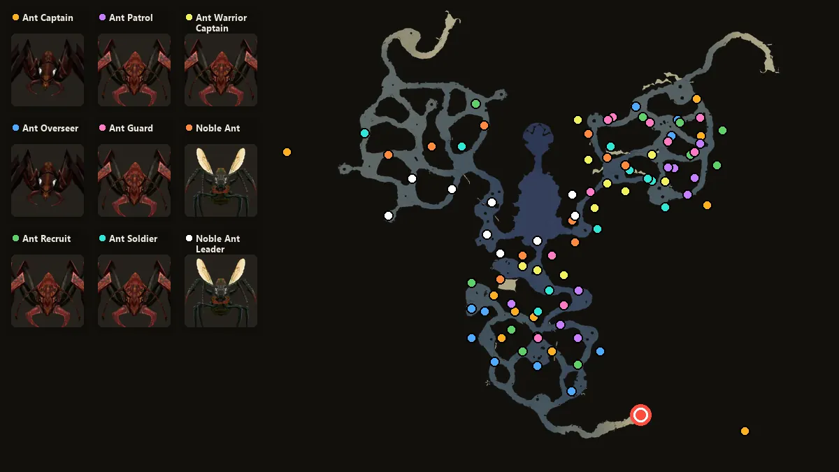 Map: where Ant Captain, Ant Overseer, Ant Recruit, Ant Patrol, Ant Guard, Ant Soldier, Ant Warrior Captain, Noble Ant, Noble Ant Leader spawn