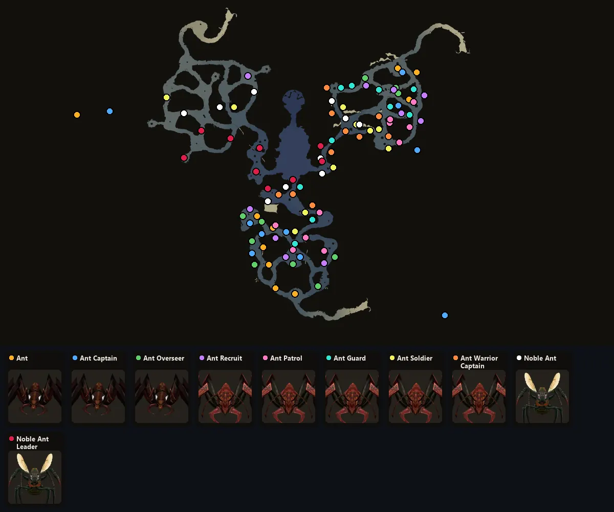 Map: where Ant, Ant Captain, Ant Overseer, Ant Recruit, Ant Patrol, Ant Guard, Ant Soldier, Ant Warrior Captain, Noble Ant, Noble Ant Leader spawn