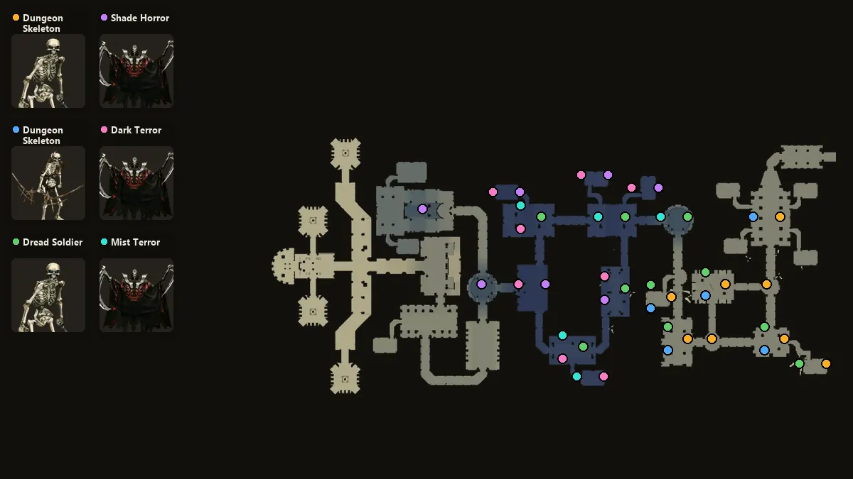 Карта: где стоят Dungeon Skeleton, Dungeon Skeleton Archer, Dread Soldier, Shade Horror, Dark Terror, Mist Terror