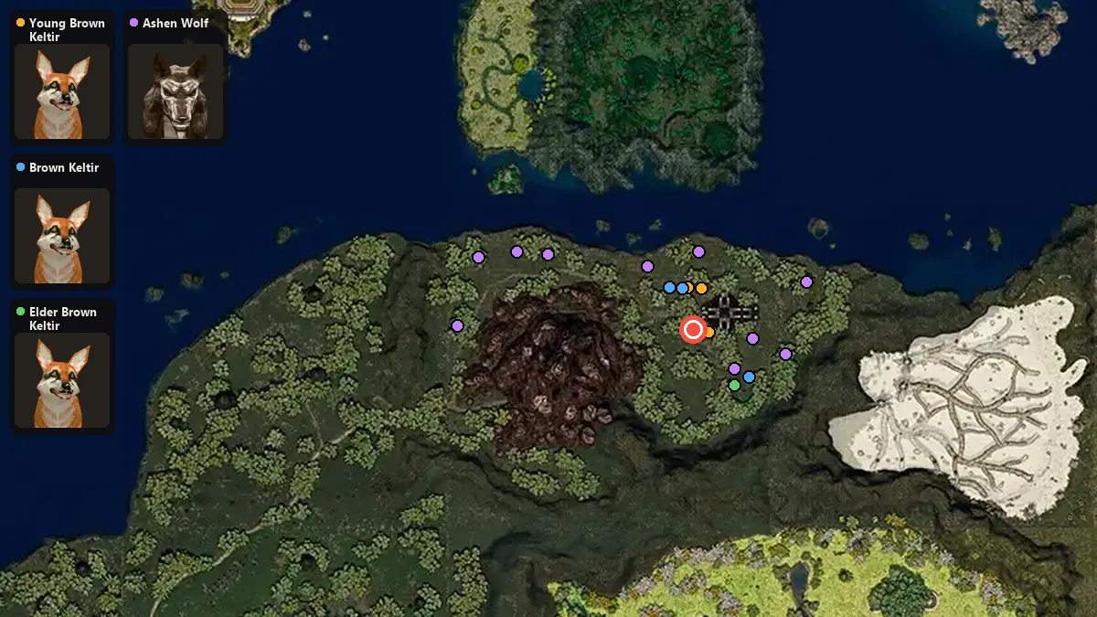 Map: where Young Brown Keltir, Brown Keltir, Elder Brown Keltir, Ashen Wolf spawn