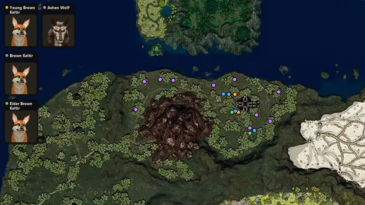 Map: where Young Brown Keltir, Brown Keltir, Elder Brown Keltir, Ashen Wolf spawn