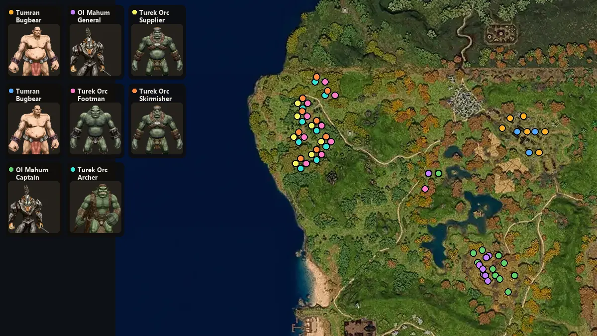 Map: where Tumran Bugbear, Tumran Bugbear Warrior, Ol Mahum Captain, Ol Mahum General, Turek Orc Footman, Turek Orc Archer, Turek Orc Supplier, Turek Orc Skirmisher spawn