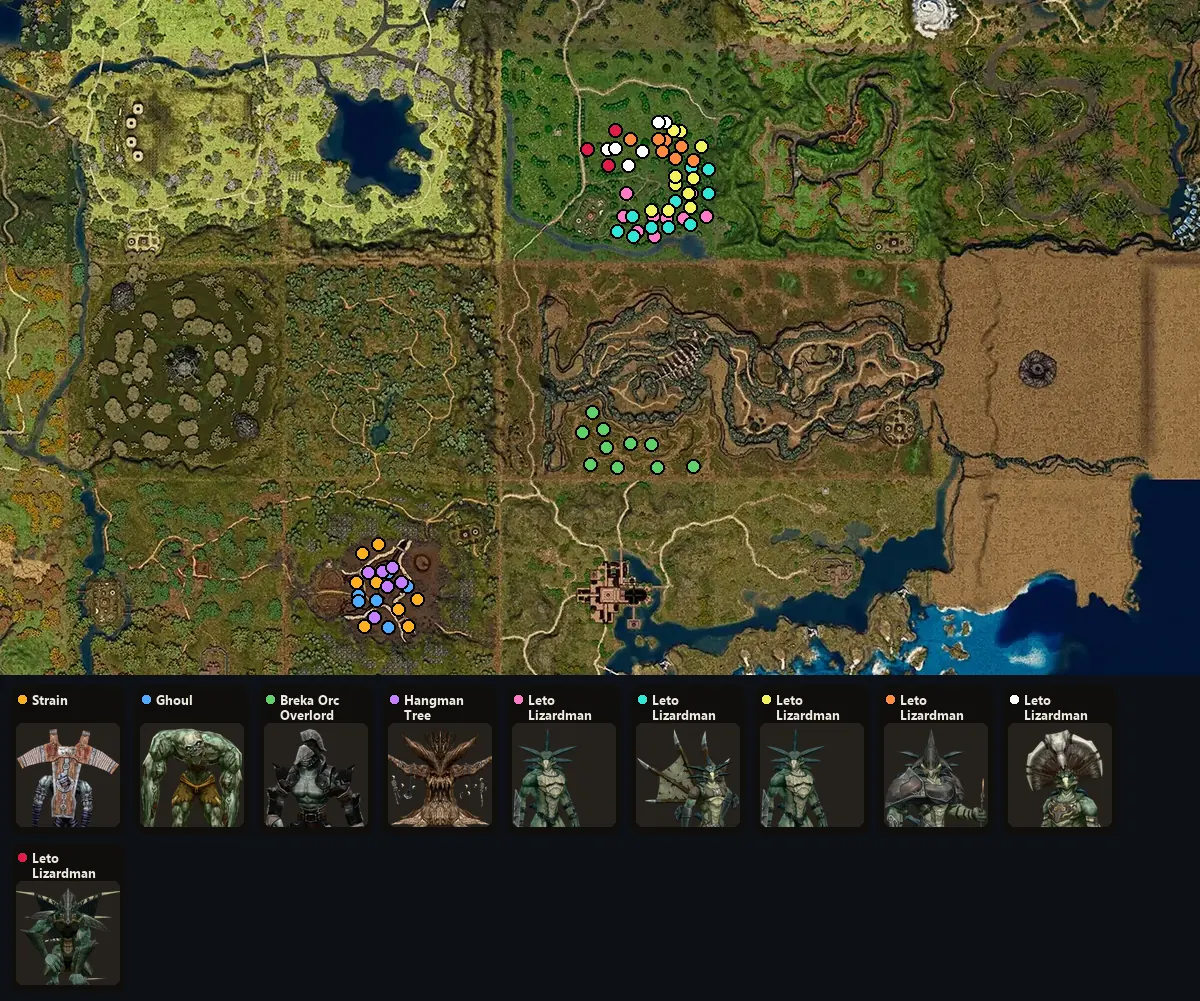Карта: где стоят Strain, Ghoul, Breka Orc Overlord, Hangman Tree, Leto Lizardman, Leto Lizardman Archer, Leto Lizardman Soldier, Leto Lizardman Warrior, Leto Lizardman Shaman, Leto Lizardman Overlord