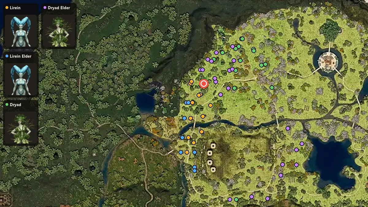 Map: where Lirein, Lirein Elder, Dryad, Dryad Elder spawn