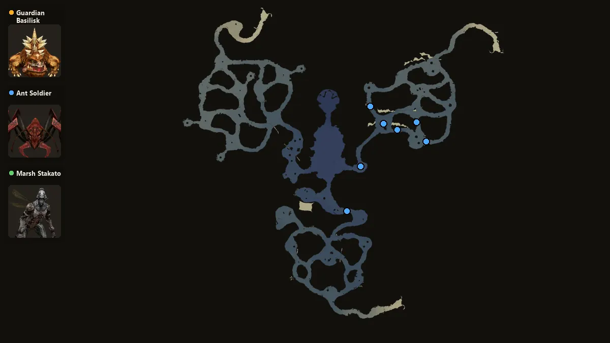 Map: where Guardian Basilisk, Ant Soldier, Marsh Stakato spawn
