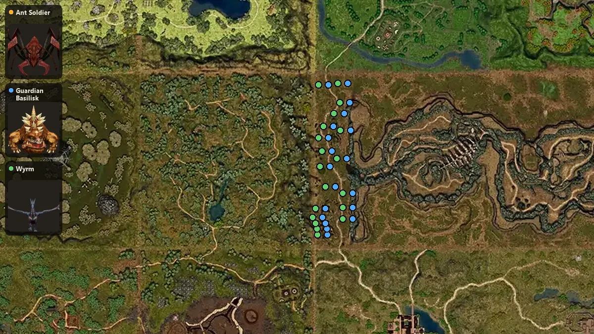 Map: where Ant Soldier, Guardian Basilisk, Wyrm spawn
