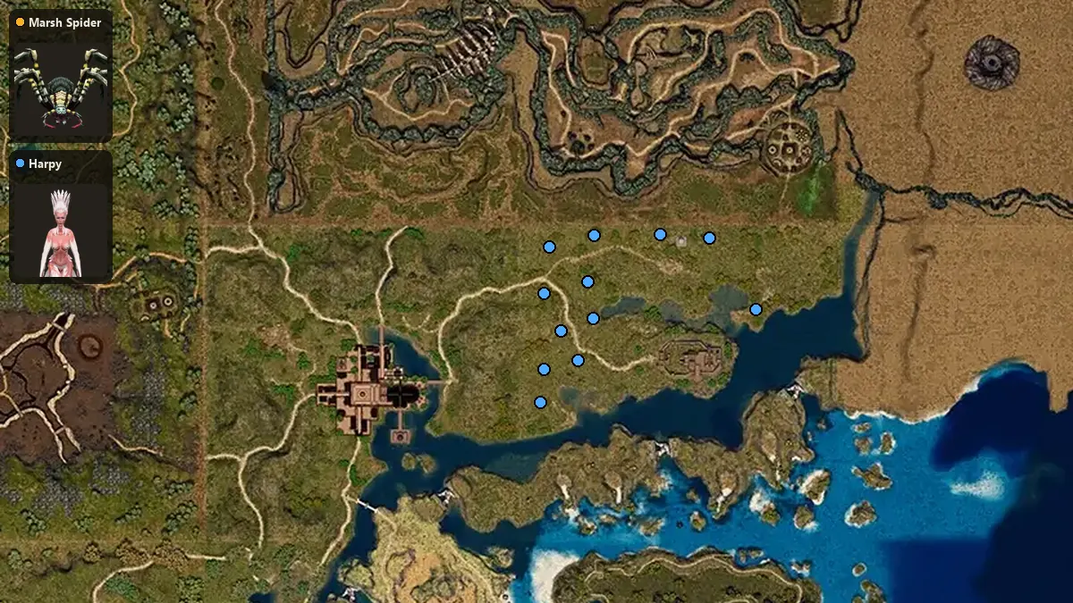 Map: where Marsh Spider, Harpy spawn