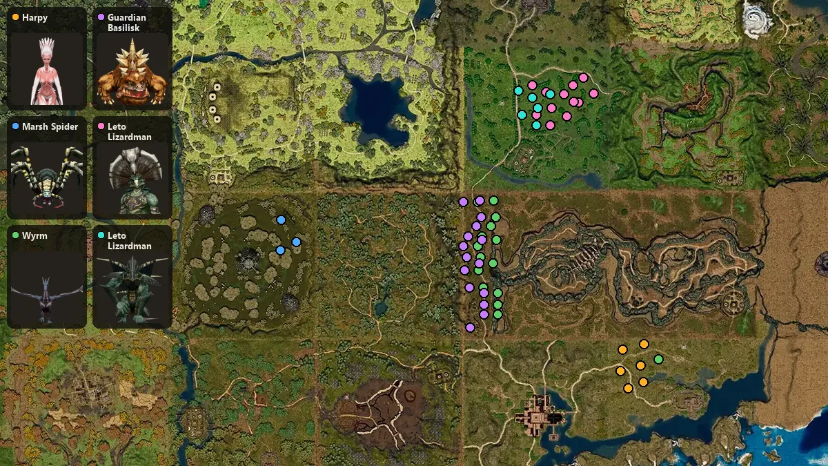 Map: where Harpy, Marsh Spider, Wyrm, Guardian Basilisk, Leto Lizardman Shaman, Leto Lizardman Overlord spawn