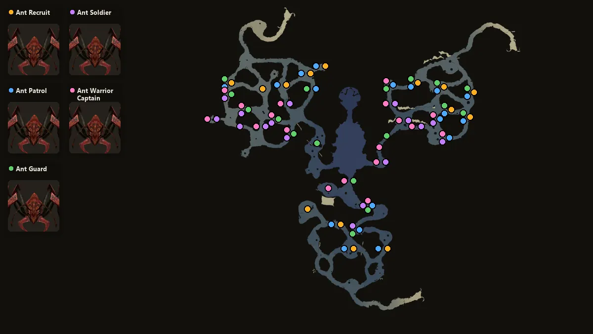 Map: where Ant Recruit, Ant Patrol, Ant Guard, Ant Soldier, Ant Warrior Captain spawn