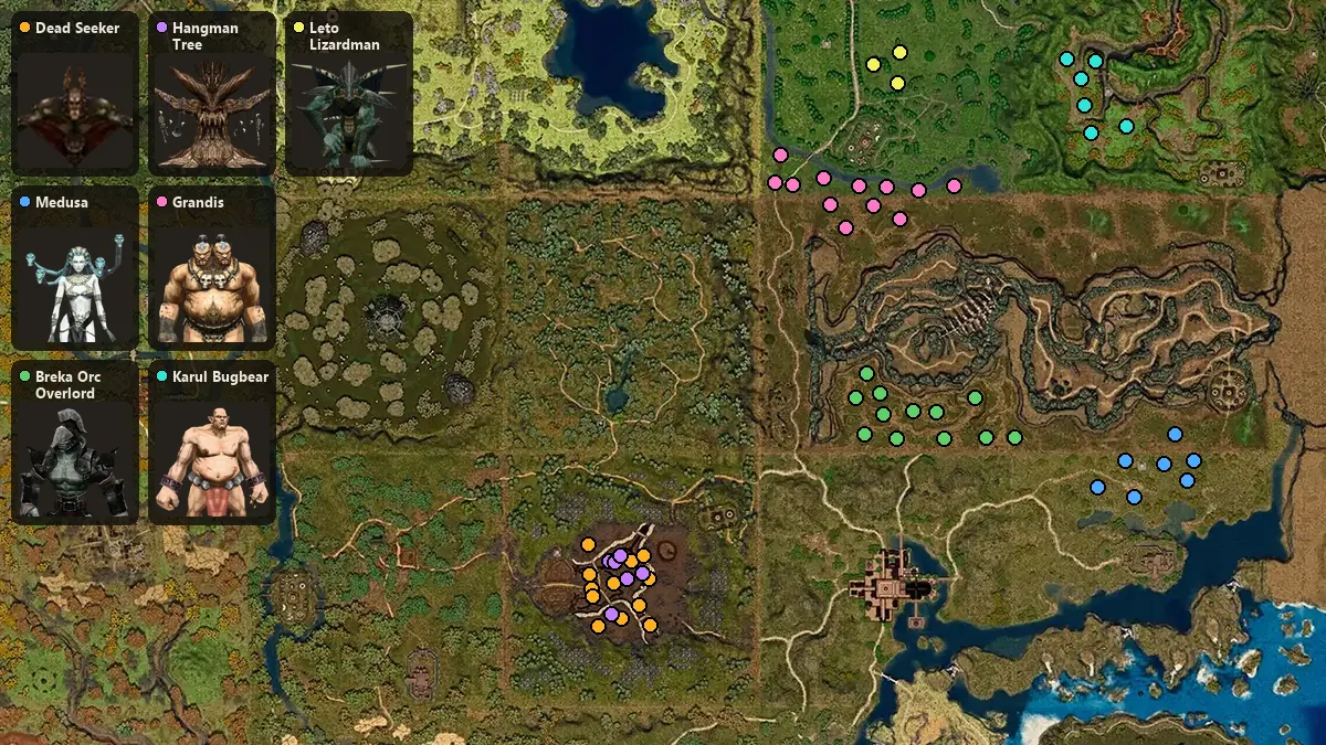 Карта: где стоят Dead Seeker, Medusa, Breka Orc Overlord, Hangman Tree, Grandis, Karul Bugbear, Leto Lizardman Overlord