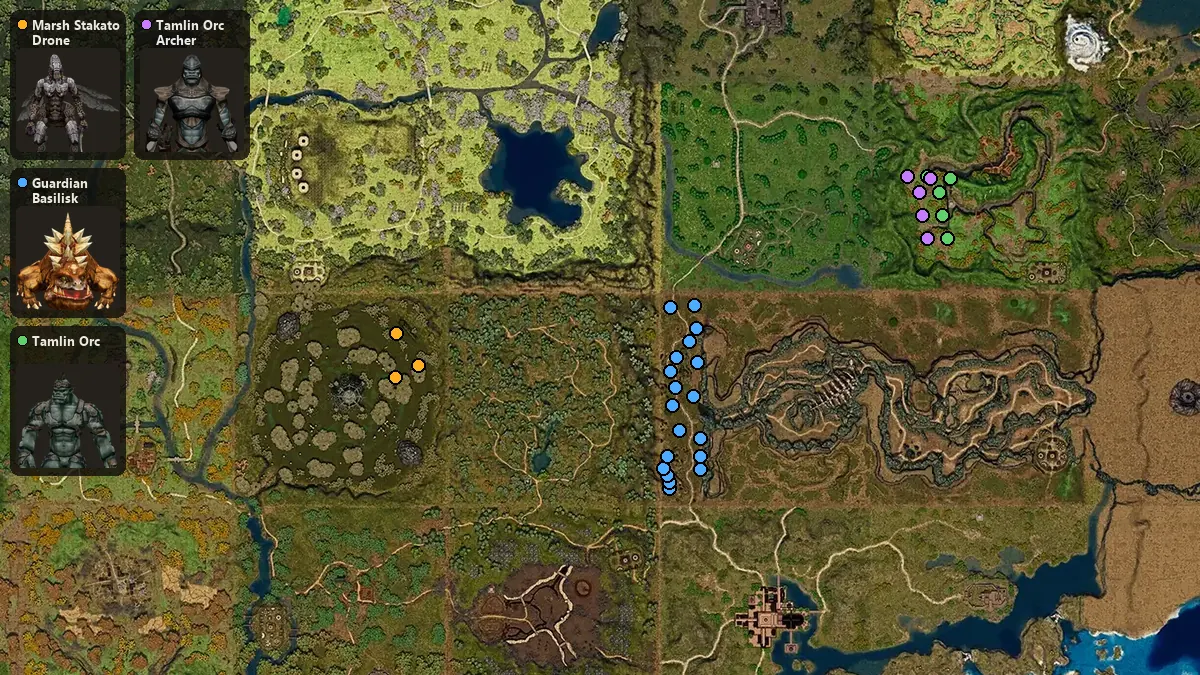 Map: where Marsh Stakato Drone, Guardian Basilisk, Tamlin Orc, Tamlin Orc Archer spawn