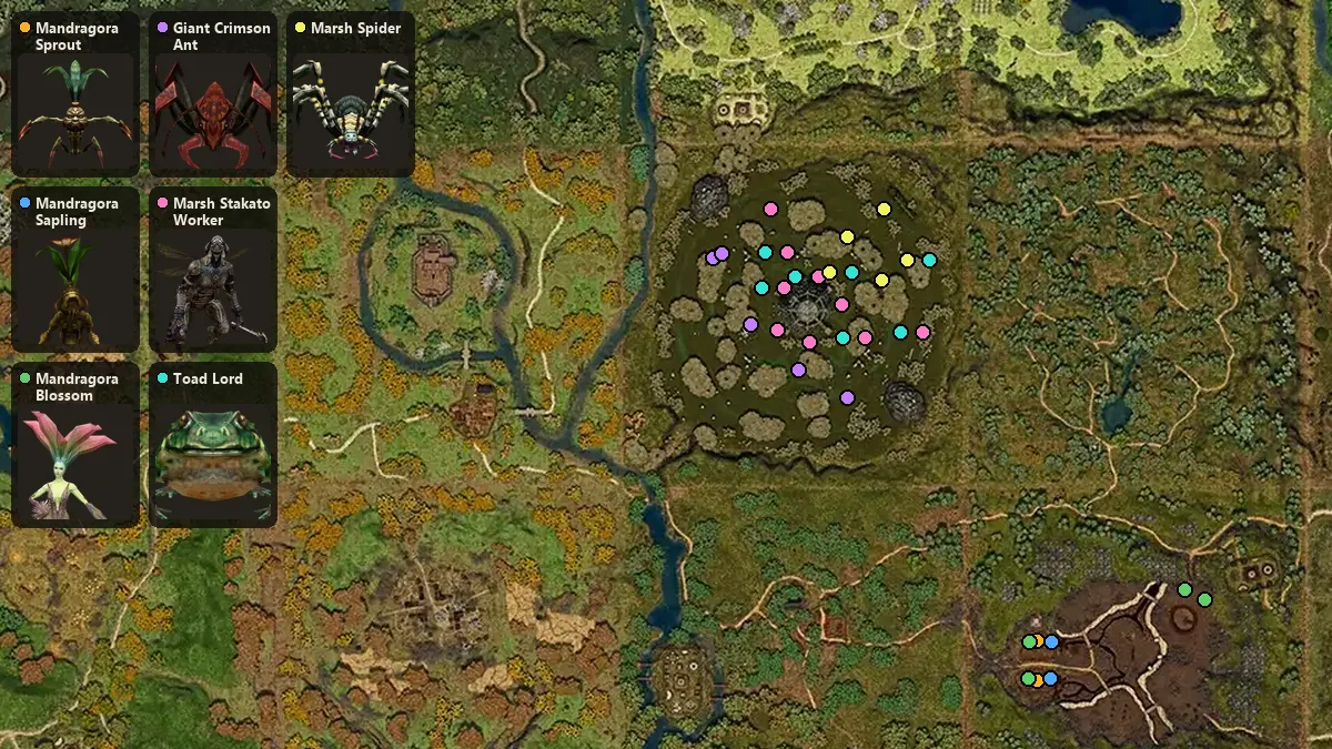 Карта: где стоят Mandragora Sprout, Mandragora Sapling, Mandragora Blossom, Giant Crimson Ant, Marsh Stakato Worker, Toad Lord, Marsh Spider