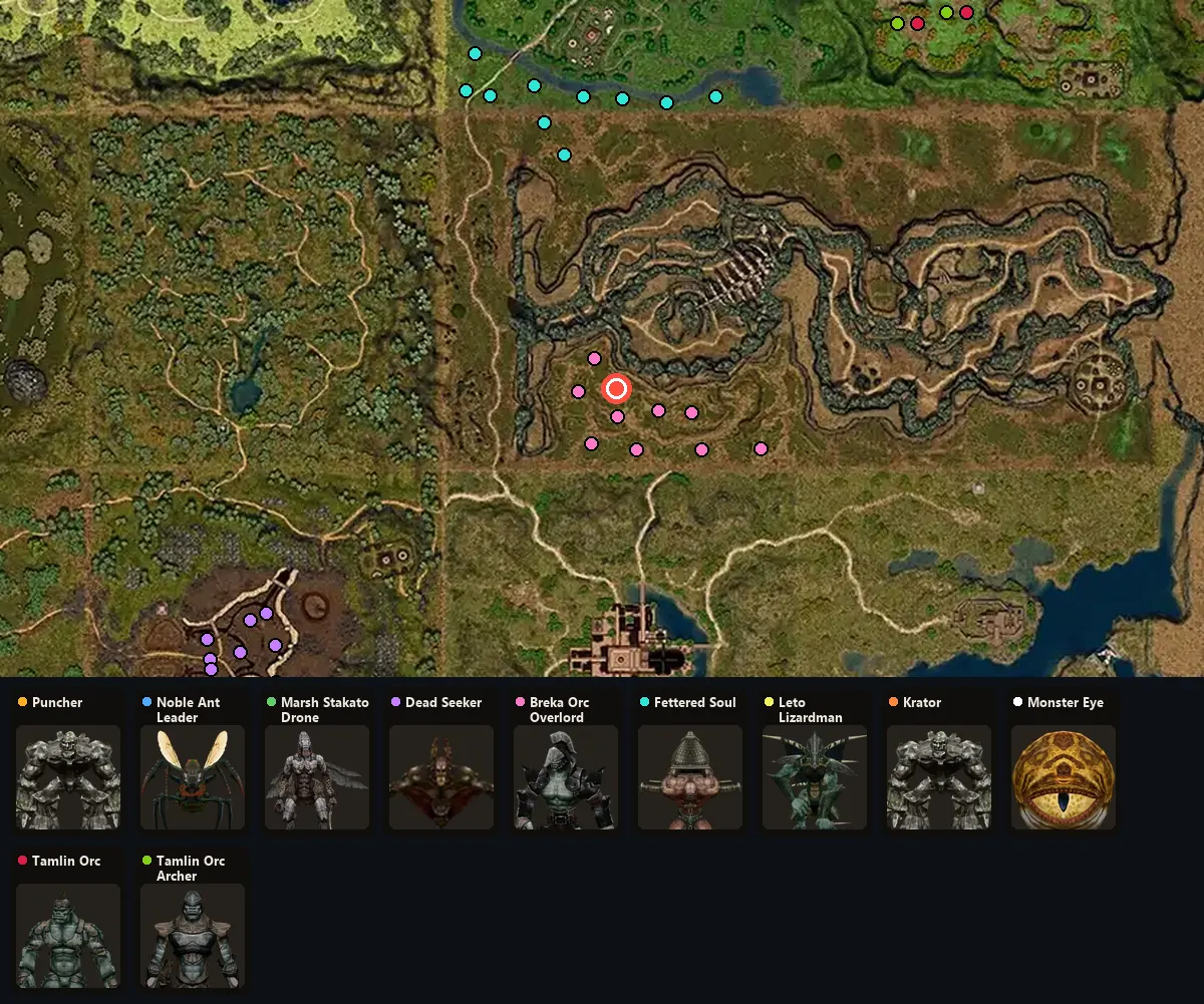 Map: where Puncher, Noble Ant Leader, Marsh Stakato Drone, Dead Seeker, Breka Orc Overlord, Fettered Soul, Leto Lizardman Overlord, Krator, Monster Eye, Tamlin Orc, Tamlin Orc Archer spawn