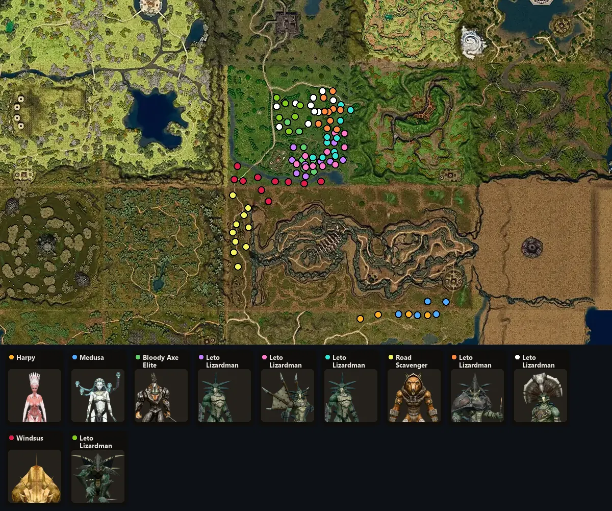 Карта: где стоят Harpy, Medusa, Bloody Axe Elite, Leto Lizardman, Leto Lizardman Archer, Leto Lizardman Soldier, Road Scavenger, Leto Lizardman Warrior, Leto Lizardman Shaman, Windsus, Leto Lizardman Overlord