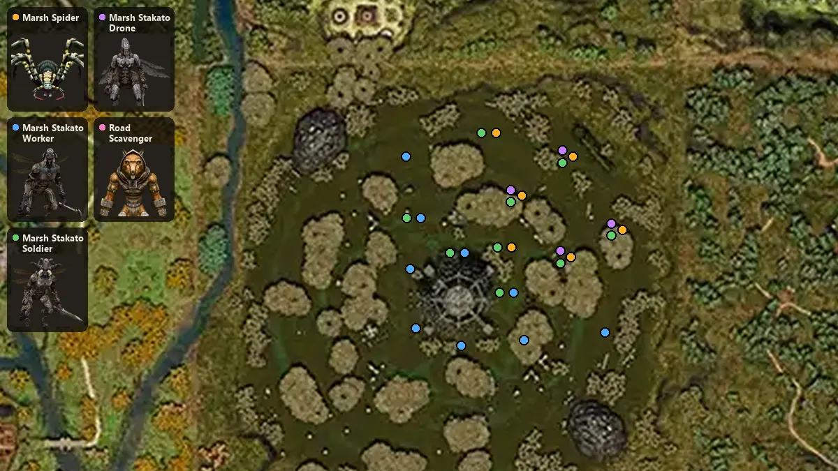 Карта: где стоят Marsh Spider, Marsh Stakato Worker, Marsh Stakato Soldier, Marsh Stakato Drone, Road Scavenger