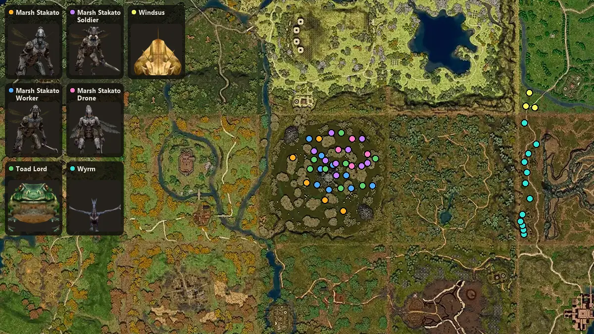 Map: where Marsh Stakato, Marsh Stakato Worker, Toad Lord, Marsh Stakato Soldier, Marsh Stakato Drone, Wyrm, Windsus spawn