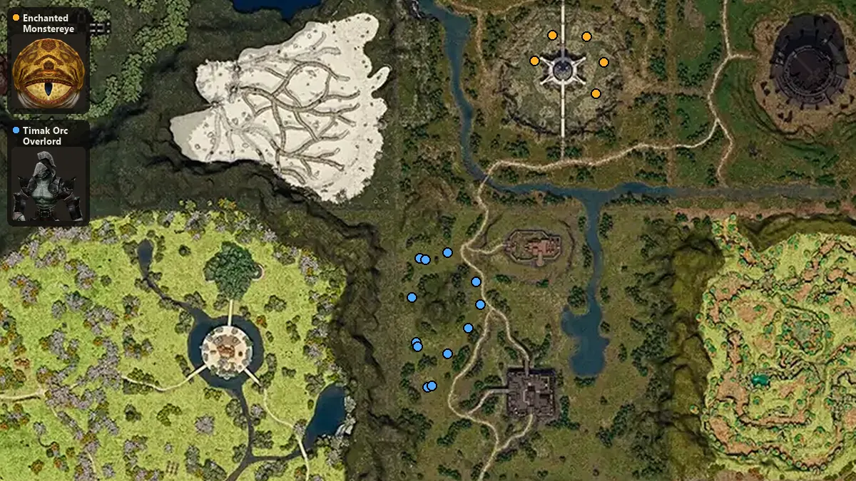 Map: where Enchanted Monstereye, Timak Orc Overlord spawn
