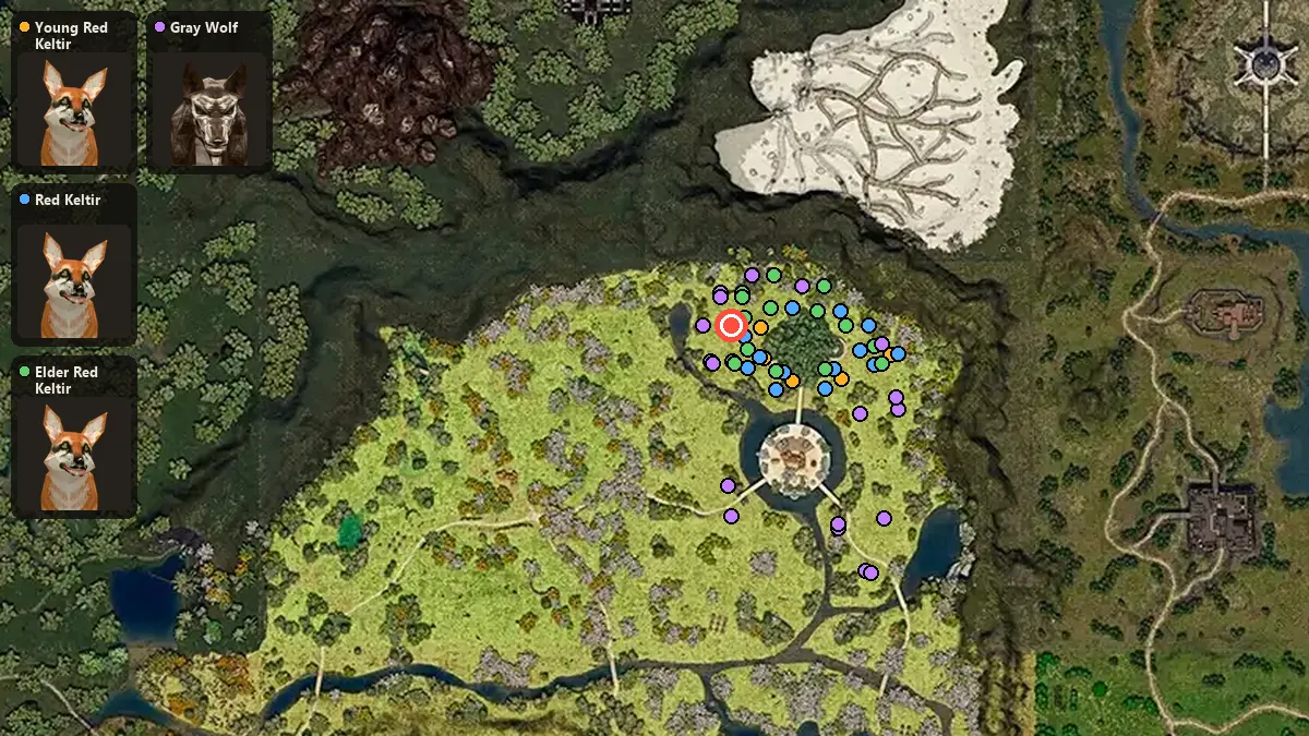 Map: where Young Red Keltir, Red Keltir, Elder Red Keltir, Gray Wolf spawn