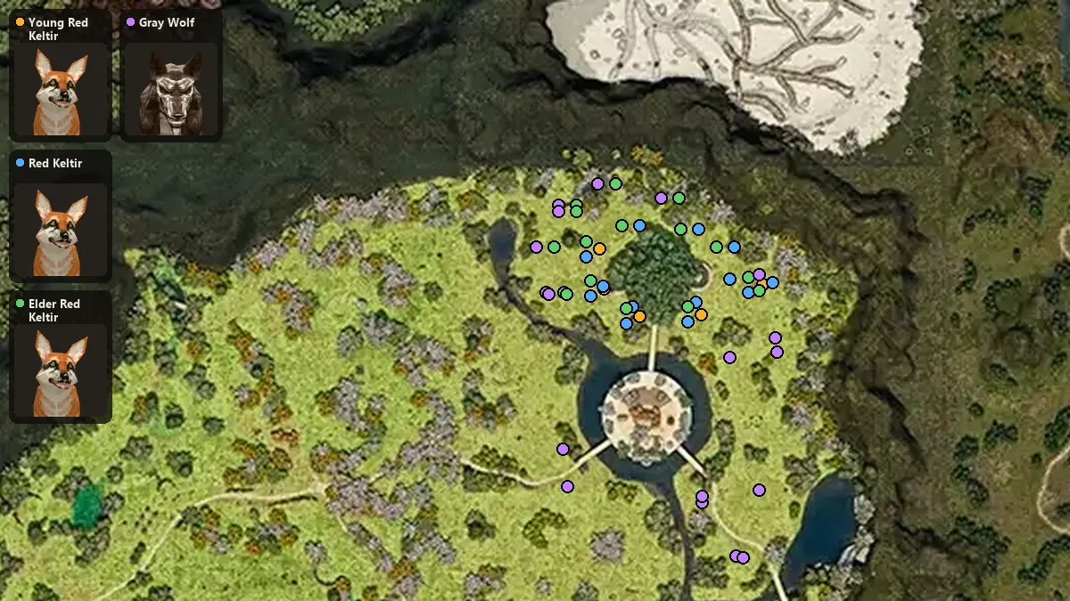 Map: where Young Red Keltir, Red Keltir, Elder Red Keltir, Gray Wolf spawn