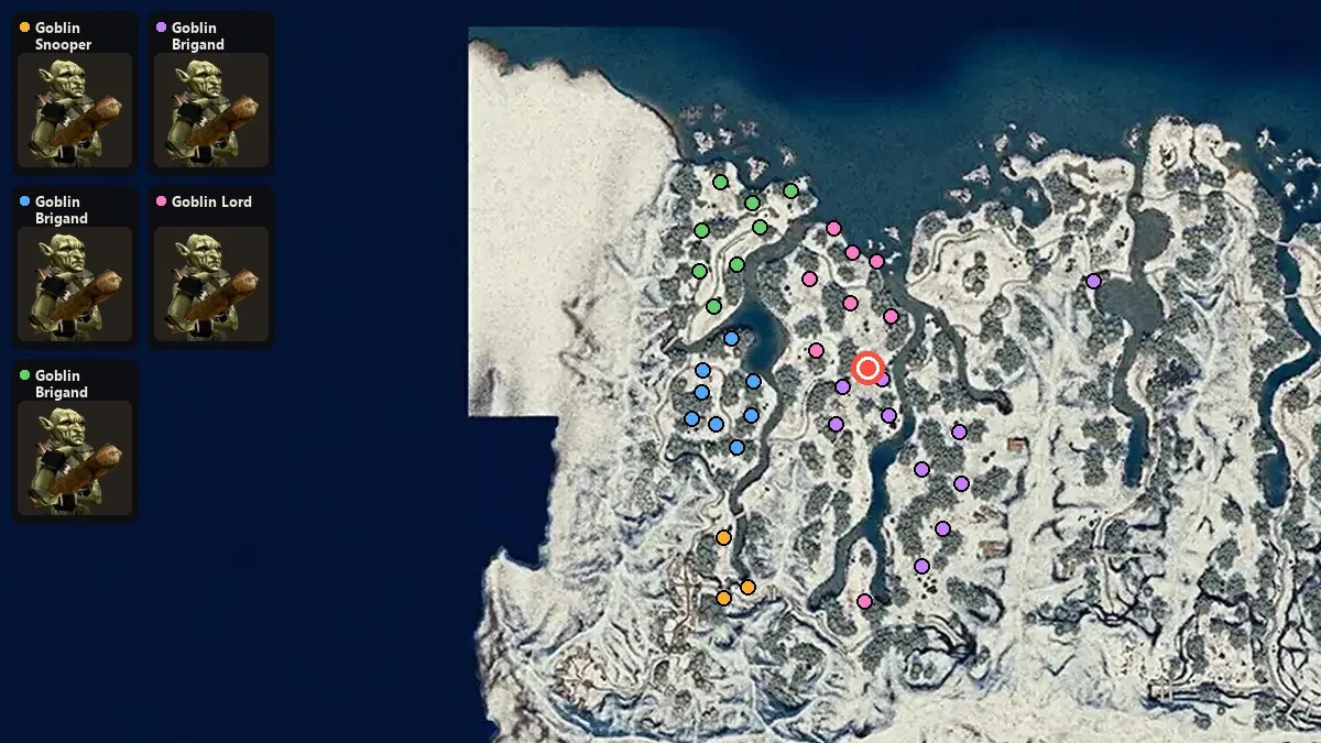 Map: where Goblin Snooper, Goblin Brigand, Goblin Brigand Lieutenant, Goblin Brigand Leader, Goblin Lord spawn