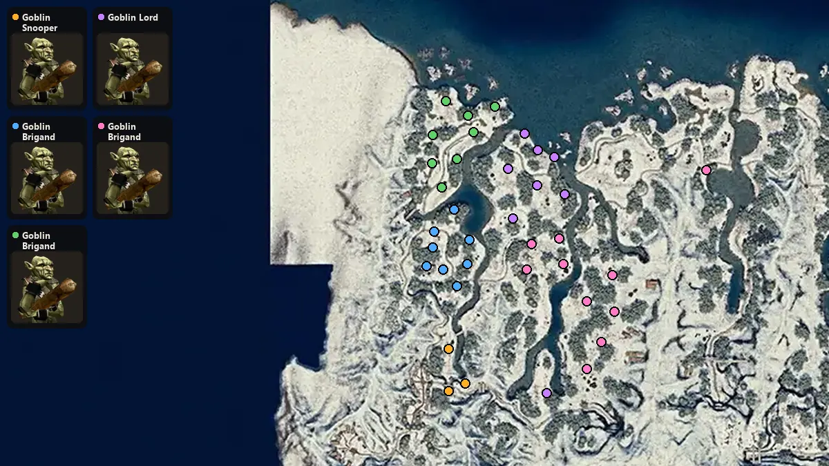 Map: where Goblin Snooper, Goblin Brigand, Goblin Brigand Lieutenant, Goblin Lord, Goblin Brigand Leader spawn