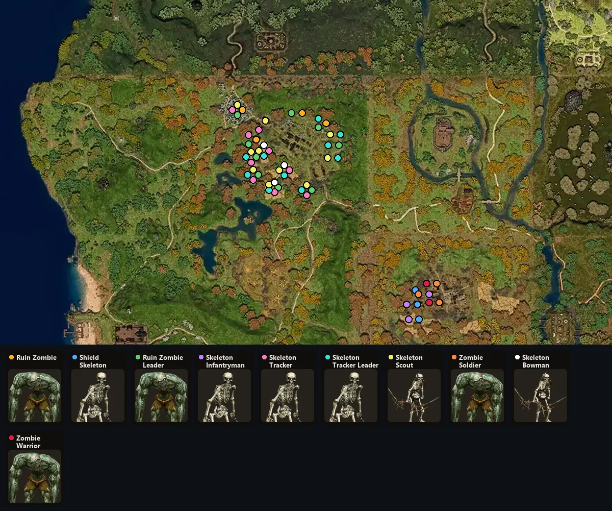 Карта: где стоят Ruin Zombie, Shield Skeleton, Ruin Zombie Leader, Skeleton Infantryman, Skeleton Tracker, Skeleton Tracker Leader, Skeleton Scout, Zombie Soldier, Skeleton Bowman, Zombie Warrior