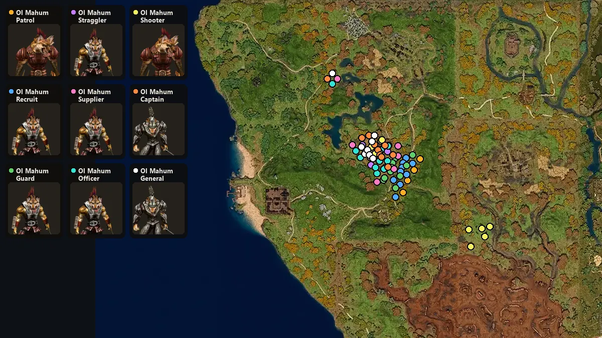 Map: where Ol Mahum Patrol, Ol Mahum Recruit, Ol Mahum Guard, Ol Mahum Straggler, Ol Mahum Supplier, Ol Mahum Officer, Ol Mahum Shooter, Ol Mahum Captain, Ol Mahum General spawn