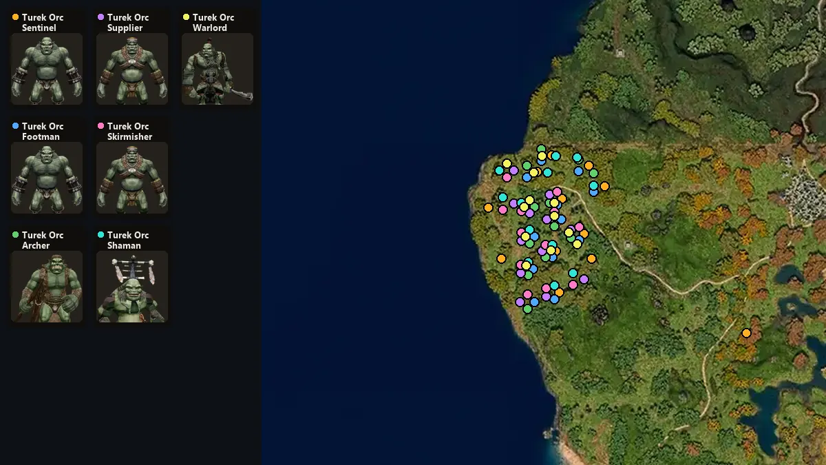 Map: where Turek Orc Sentinel, Turek Orc Footman, Turek Orc Archer, Turek Orc Supplier, Turek Orc Skirmisher, Turek Orc Shaman, Turek Orc Warlord spawn