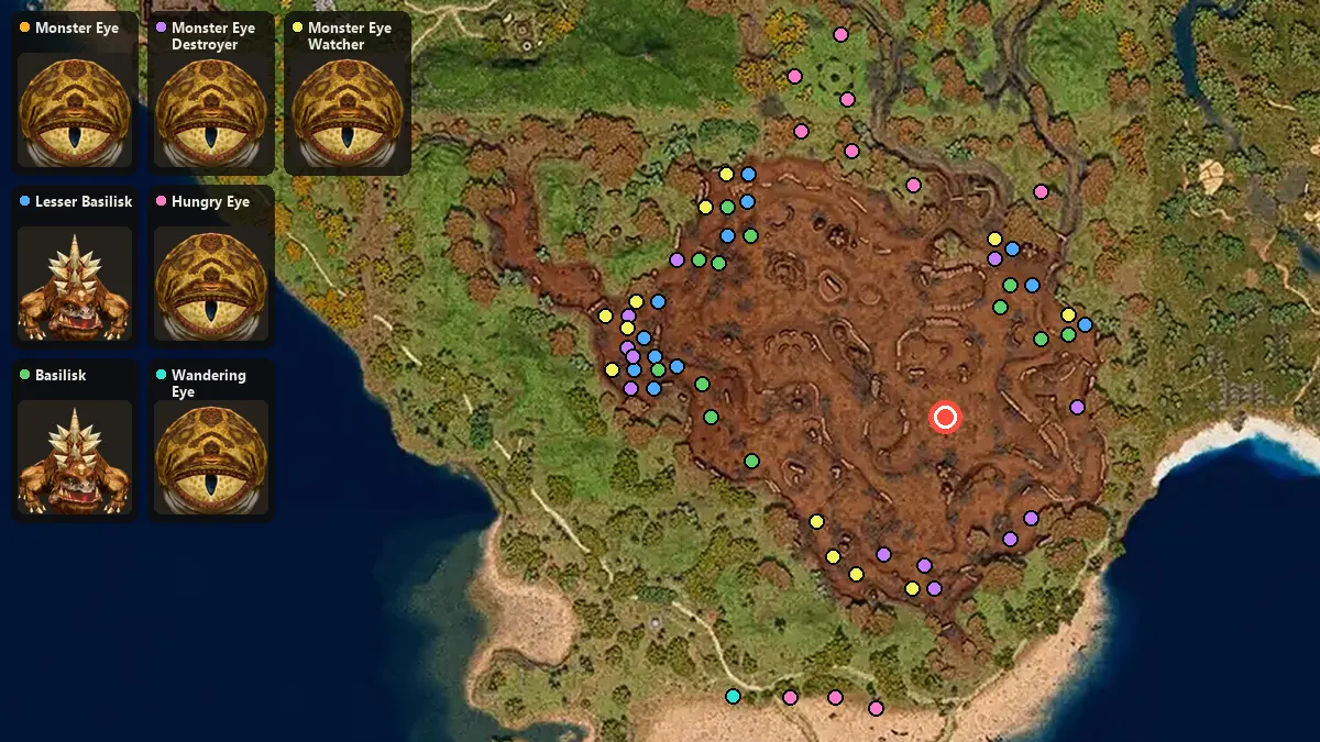 Map: where Monster Eye, Lesser Basilisk, Basilisk, Monster Eye Destroyer, Hungry Eye, Wandering Eye, Monster Eye Watcher spawn