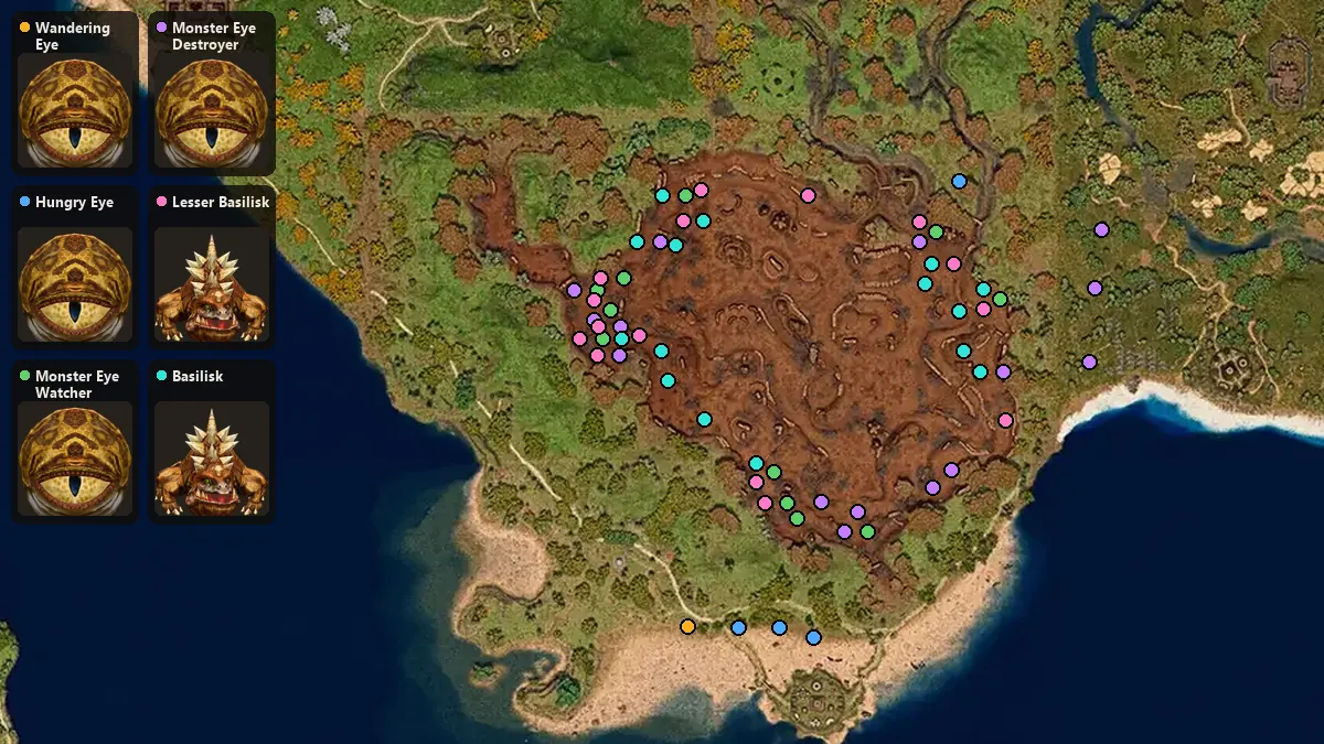 Map: where Wandering Eye, Hungry Eye, Monster Eye Watcher, Monster Eye Destroyer, Lesser Basilisk, Basilisk spawn