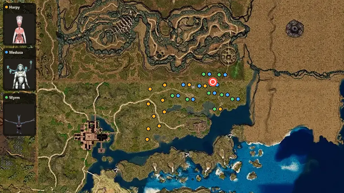 Map: where Harpy, Medusa, Wyrm spawn