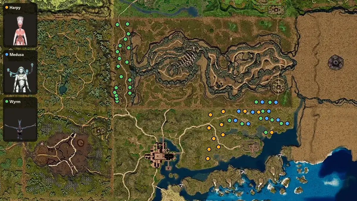 Map: where Harpy, Medusa, Wyrm spawn