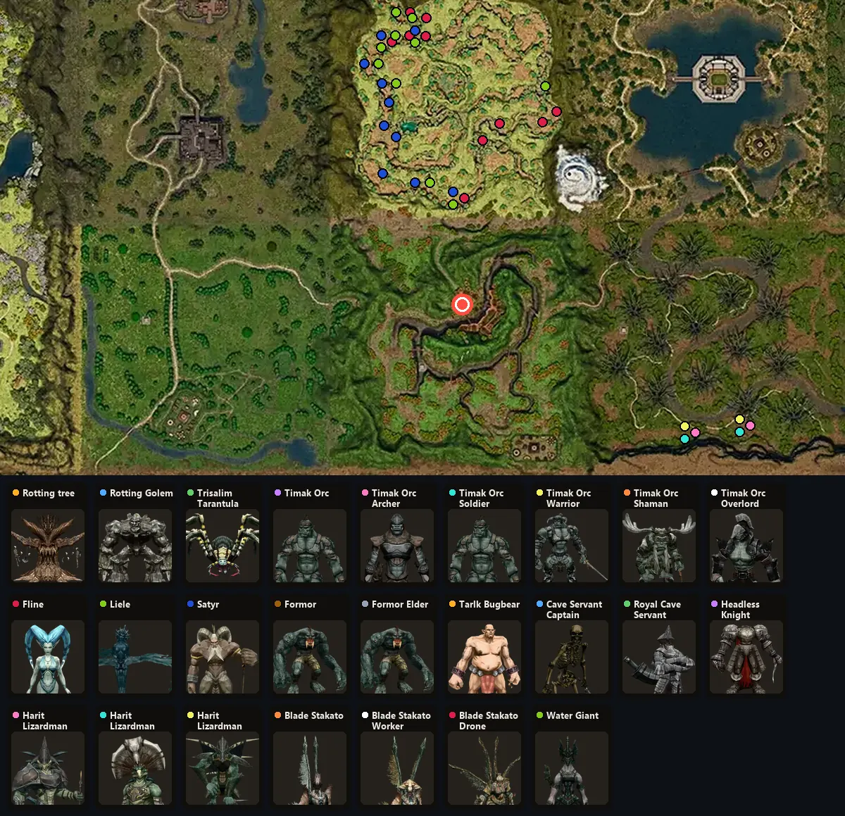Map: where Rotting tree, Rotting Golem, Trisalim Tarantula, Timak Orc, Timak Orc Archer, Timak Orc Soldier, Timak Orc Warrior, Timak Orc Shaman, Timak Orc Overlord, Fline, Liele, Satyr, Formor, Formor Elder, Tarlk Bugbear, Cave Servant Captain, Royal Cave Servant, Headless Knight, Harit Lizardman Warrior, Harit Lizardman Shaman, Harit Lizardman Matriarch, Blade Stakato, Blade Stakato Worker, Blade Stakato Drone, Water Giant spawn