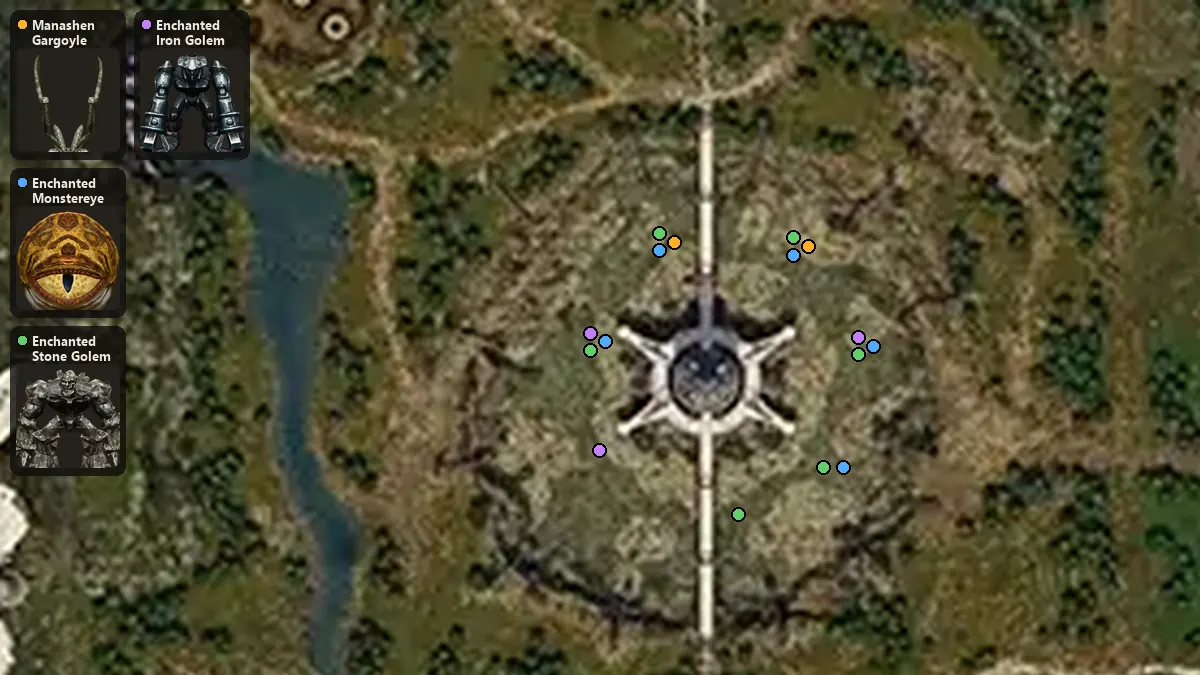 Карта: где стоят Manashen Gargoyle, Enchanted Monstereye, Enchanted Stone Golem, Enchanted Iron Golem