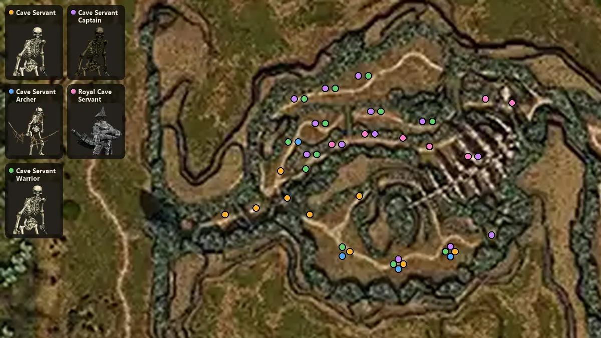 Карта: где стоят Cave Servant, Cave Servant Archer, Cave Servant Warrior, Cave Servant Captain, Royal Cave Servant