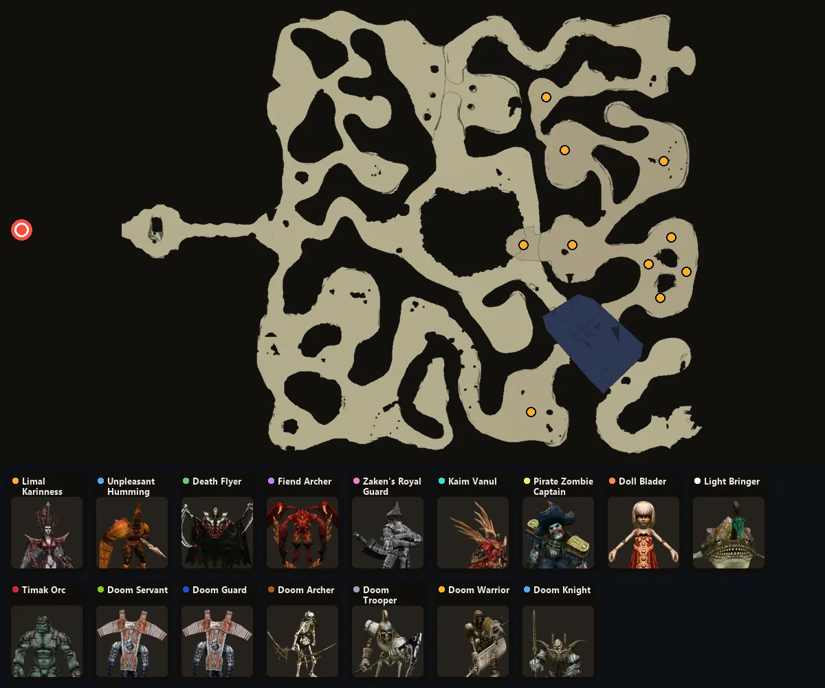 Map: where Limal Karinness, Unpleasant Humming, Death Flyer, Fiend Archer, Zaken's Royal Guard, Kaim Vanul, Pirate Zombie Captain, Doll Blader, Light Bringer, Timak Orc, Doom Servant, Doom Guard, Doom Archer, Doom Trooper, Doom Warrior, Doom Knight spawn