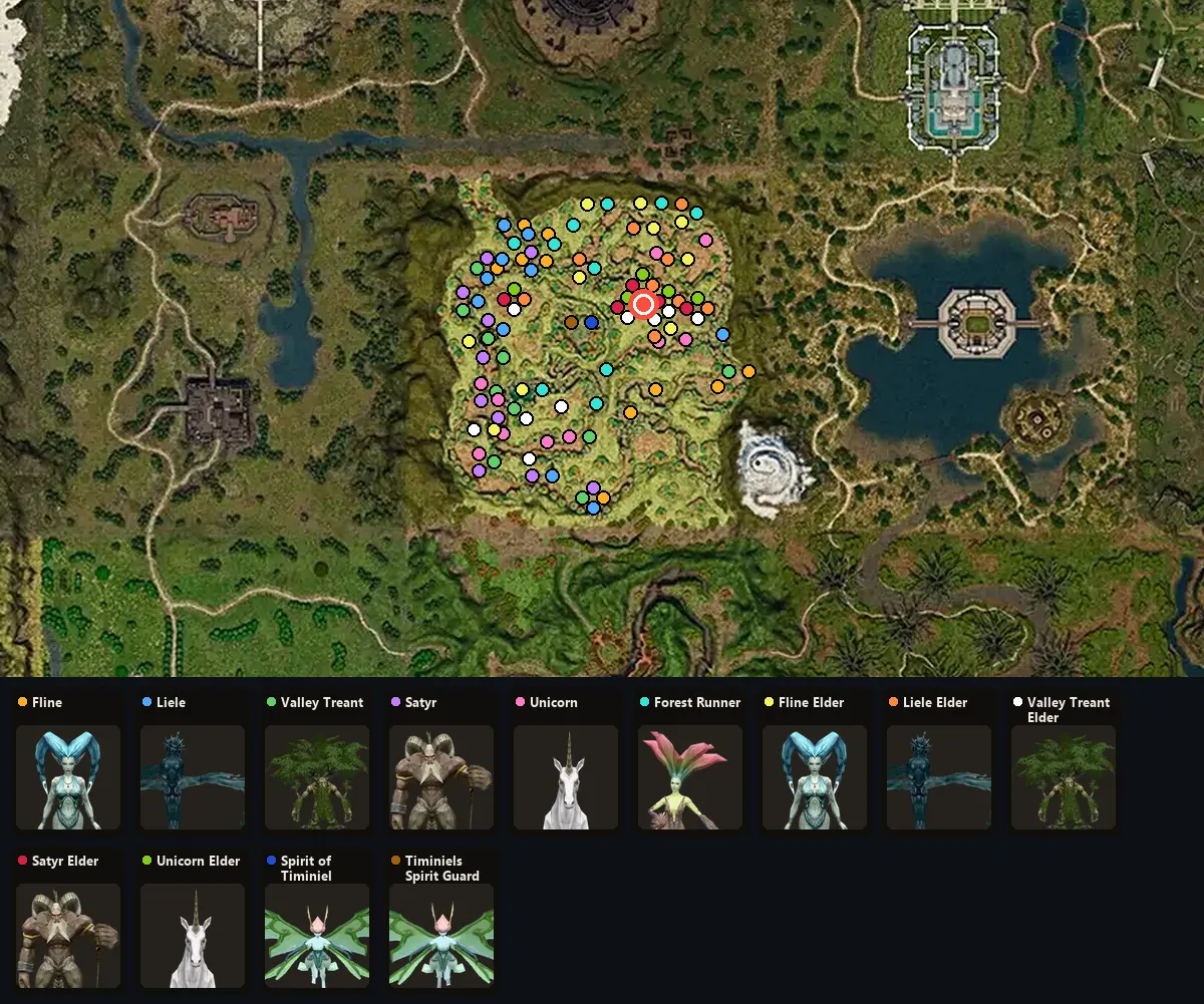 Карта: где стоят Fline, Liele, Valley Treant, Satyr, Unicorn, Forest Runner, Fline Elder, Liele Elder, Valley Treant Elder, Satyr Elder, Unicorn Elder, Spirit of Timiniel, Timiniels Spirit Guard