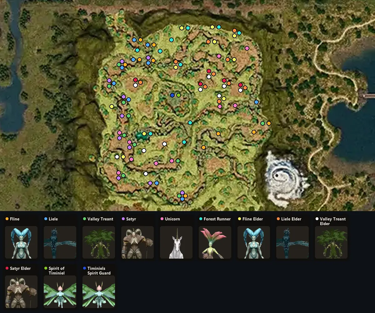 Карта: где стоят Fline, Liele, Valley Treant, Satyr, Unicorn, Forest Runner, Fline Elder, Liele Elder, Valley Treant Elder, Satyr Elder, Spirit of Timiniel, Timiniels Spirit Guard