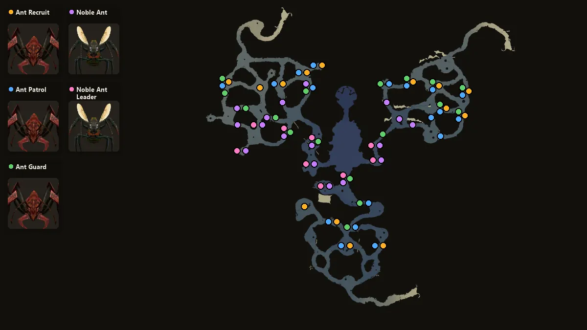 Карта: где стоят Ant Recruit, Ant Patrol, Ant Guard, Noble Ant, Noble Ant Leader