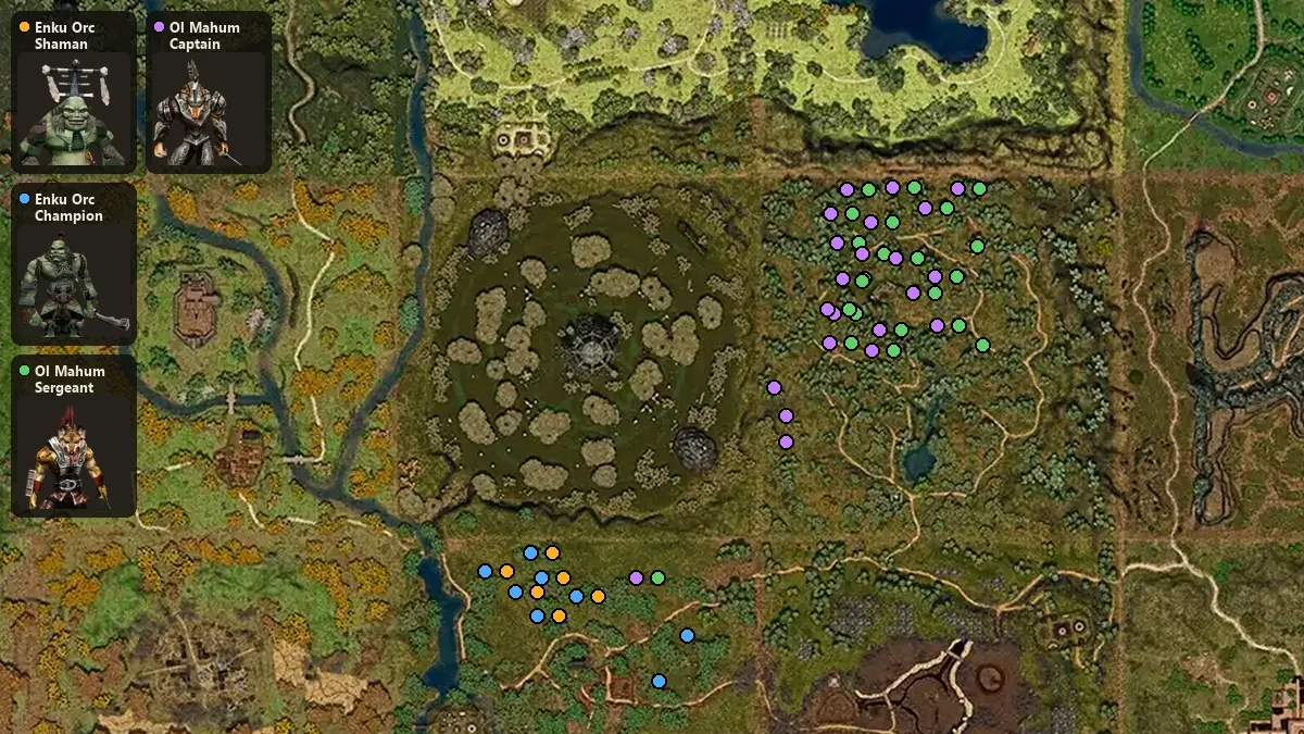 Map: where Enku Orc Shaman, Enku Orc Champion, Ol Mahum Sergeant, Ol Mahum Captain spawn