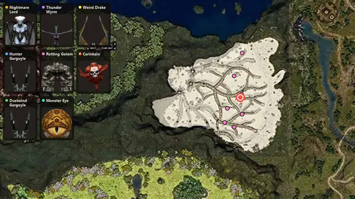 Map: where Nightmare Lord, Hunter Gargoyle, Dustwind Gargoyle, Thunder Wyrm, Rotting Golem, Monster Eye, Weird Drake, Carinkain spawn
