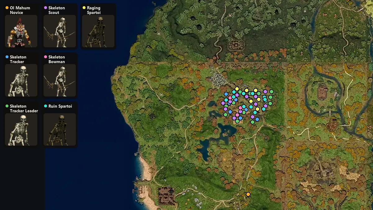 Map: where Ol Mahum Novice, Skeleton Tracker, Skeleton Tracker Leader, Skeleton Scout, Skeleton Bowman, Ruin Spartoi, Raging Spartoi spawn
