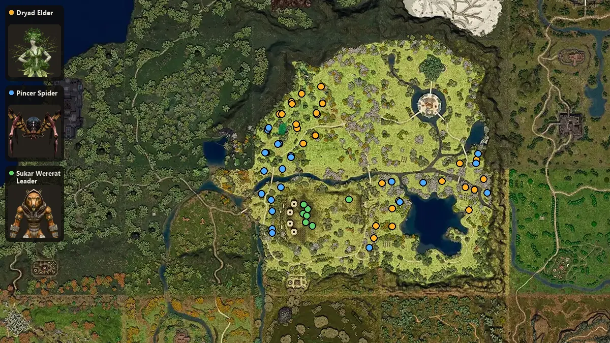 Map: where Dryad Elder, Pincer Spider, Sukar Wererat Leader spawn