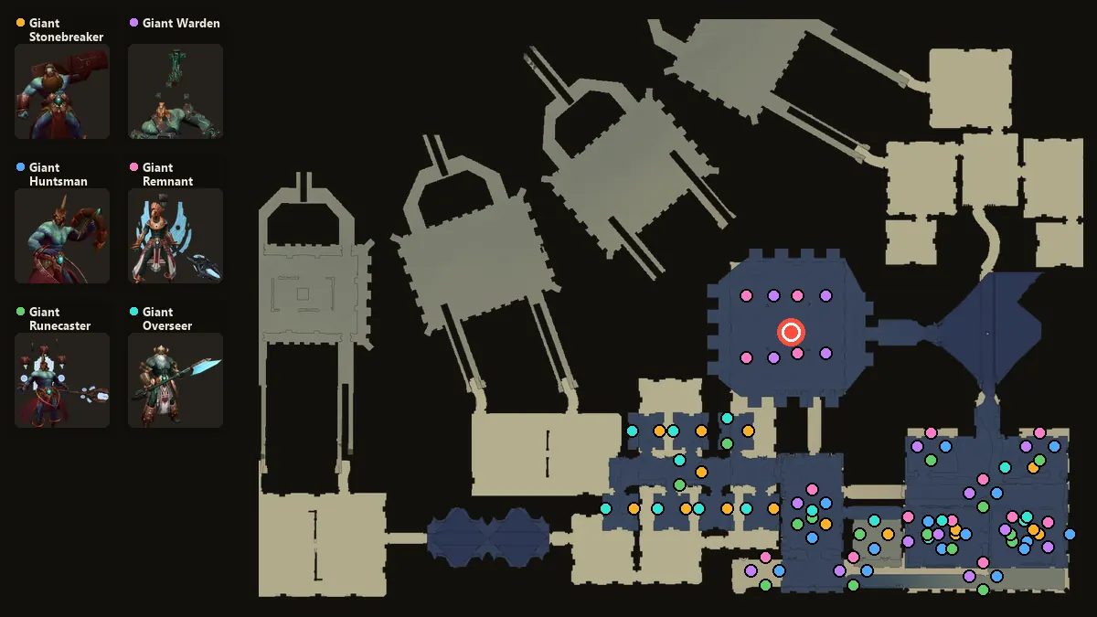 Карта: где стоят Giant Stonebreaker, Giant Huntsman, Giant Runecaster, Giant Warden, Giant Remnant, Giant Overseer