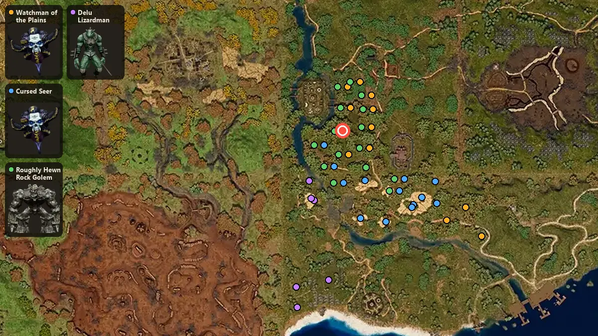 Map: where Watchman of the Plains, Cursed Seer, Roughly Hewn Rock Golem, Delu Lizardman spawn